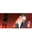 36x16 inches anime desk pad with crimson sky, bold black text, and sleek couple illustration.