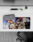 28x12 inches anime mouse pad in neon reds and golds vs midnight blues, intense duel mood with crisp highlights.