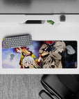 32x12 inches anime mouse pad in neon red-gold vs midnight blue, glossy highlights and tense mood.
