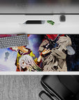 36x16 inches anime desk pad in neon reds and golds vs midnight blues, tense rivalry vibe and glow.