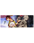 32x12 inches anime mouse pad with split-world rival heroes, chess silhouettes, and drifting cards.