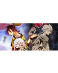 36x16 inches anime desk pad with split-world rivals, chess silhouettes, drifting cards, glossy linework.