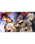 Split-world anime desk pad 40x20 inches with chess silhouettes, drifting cards, and rival heroes back to back.