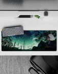 32x12 inches anime girl mouse pad in deep teal shadows with shooting stars, dreamy bittersweet night vibe.