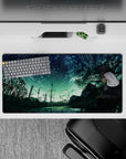 32x16 inches anime girl mouse pad in deep teal shadows with bittersweet, dreamy night vibe and shooting stars.