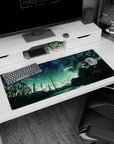 Quiet blonde anime girl at a typewriter on desk pad 36x16 inches, starry sky and black tree silhouettes.