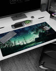 Blonde anime girl with vintage typewriter desk pad 40x20 inches, starry sky and black tree silhouettes.