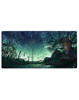 32x16 inches anime girl mouse pad with mint-green starry sky, typewriter scene, trees and roller-coaster.