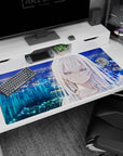 40x20 inches anime desk pad showing silver-haired girl gazing over a glittering neon waterfront city.