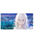 32x16 inches anime girl mouse pad with silver-haired girl overlooking a neon city and bay at night.