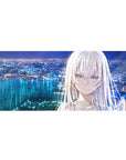 Anime girl desk pad 36x16 inches with silver-haired heroine overlooking a neon city and bay.