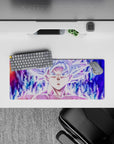 28x12 inches mouse pad showcasing Goku with glowing aura, perfect for adding the power of Mastered Ultra Instinct to your workspace.