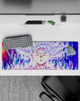 32x12 inches mouse pad featuring Goku surrounded by vibrant aura, perfect for adding the raw power of Mastered Ultra Instinct to your workspace.