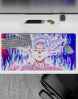 32x16 inches mouse pad showcasing Goku’s calm and powerful stance in Mastered Ultra Instinct, with glowing energy radiating around him.