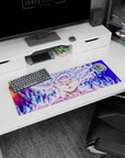 Artistic 32x12 inches mouse pad showcasing Goku in Mastered Ultra Instinct, with a glowing aura and intense gaze, perfect for fans of Dragon Ball.