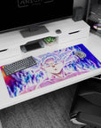 Artistic 36x16 inches desk pad featuring Goku in Mastered Ultra Instinct, with vibrant energy and a focused, intense gaze, perfect for any Dragon Ball fan.