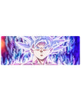 Compact 32x12 inches mouse pad with Goku in Mastered Ultra Instinct, capturing his calm power and glowing energy for smaller desks.