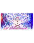 Mouse pad featuring Goku in Mastered Ultra Instinct, 32x16 inches, surrounded by a glowing aura and capturing his intense power and focus.