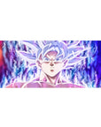 Dragon Ball Z desk pad featuring Goku in Mastered Ultra Instinct, 36x16 inches, surrounded by a vibrant aura and intense energy.