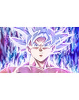 Desk pad featuring Goku in Mastered Ultra Instinct, 40x20 inches, surrounded by a glowing aura of energy, capturing his intense gaze and calm yet powerful stance.