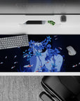 Midnight navy anime girl desk pad 36x16 inches in cool blues, calm floral pattern, soft mysterious vibe.