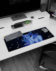 32x12 inches desk mat showing a mysterious anime girl in deep shadows, blossoms across her face, koi.