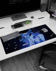 Anime girl close-up desk pad 36x16 inches, gentle gaze framed by blue flowers and tiny red-white koi.
