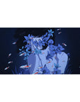 Anime girl desk pad 40x20 inches with navy shadows, blue blossoms, and red-white koi accents.