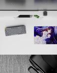Violet-haired anime mouse pad 14x10 inches in calm romantic tones, glossy highlights over a neon night sky.
