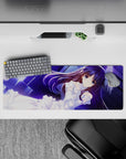 32x12 inches anime desk mat in deep violet and neon blue, calm romantic vibe with glossy highlights.