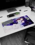 Anime girl with flowing violet hair and white lace ribbons on starry blue background mouse pad 32x16 inches.
