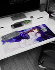 Violet-haired anime bride girl on desk pad 36x16 inches, flowing hair over a starry blue night scene.