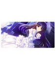 Dreamy bride-themed anime girl mouse pad 32x16 inches with violet hair, lace, ribbons, neon-blue stars.