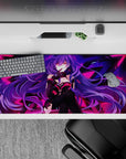 Neon cyber glow desk pad 36x16 inches in violet and hot pink, cozy yet dangerous anime vibe.
