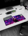 28x12 inches mouse pad showing a mysterious purple-haired anime girl smirk, sharp wing shapes behind her.