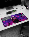 32x16 inches anime mouse pad showing a mysterious purple-haired girl smirking with sharp neon wings.