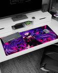 Smirking purple-haired anime girl with sharp geometric wings on a 36x16 inches extended desk pad.