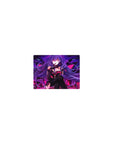 Classic anime girl mouse pad 14x10 inches with purple-haired smirk and geometric wing backdrop.