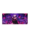 28x12 inches anime girl mouse pad with purple-haired smirking girl and geometric wing backdrop, sci-fi style.
