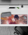 Anime mouse pad 32x12 inches featuring blush-pink sakura petals swirling around a detailed kimono against a peach sky.
