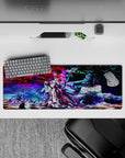 32x12 inches desk mat in reds, purples, and icy blues with a sweet, lonely neon sci-fi vibe.