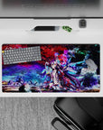 Cyber starfield anime girl mouse pad 32x16 inches in reds, purples, icy blues; sweet, lonely, fierce vibe.