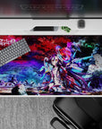 Vivid reds, purples, and icy blues anime desk pad 40x20 inches with a sweet, lonely, fierce vibe.