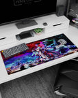 36x16 inches Shiro No Game No Life Zero desk pad, violet hair on floor, cyan holo rings overhead.