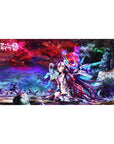 Neon galaxy anime girl desk pad 40x20 inches with holo rings, tech armor, and starfield backdrop.