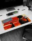32x16 inches anime mouse pad featuring Mugen with sword and Jin in a striking silhouette scene.