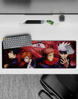 Action-packed 32x12 mouse pad featuring Jujutsu Kaisen sorcerers for fans of teamwork and supernatural themes