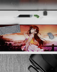 Dreamy apricot-sky anime girl desk pad 36x16 inches with rosy reds, gold glow, and sparkling highlights.