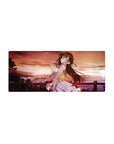 28x12 inches anime girl mouse pad with sunset city-and-shoreline scene, sparkling highlights, pastel outfit.