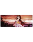 32x12 inches anime girl mouse pad with sunset city and shoreline scene, pastel outfit, glossy highlights.